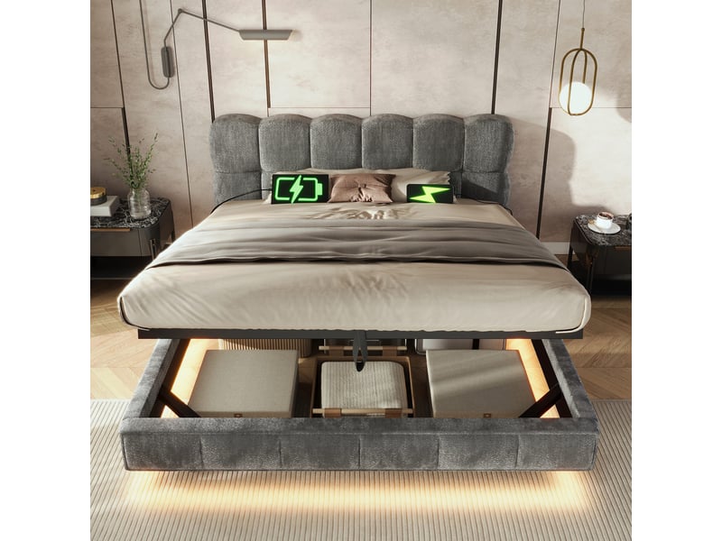 Lit double rembourré 140x200 cm effet suspendu, design nuage, rangement hydraulique, led, usbtype-c, chenille gris, sans matelas Fay Lum - Conforama D