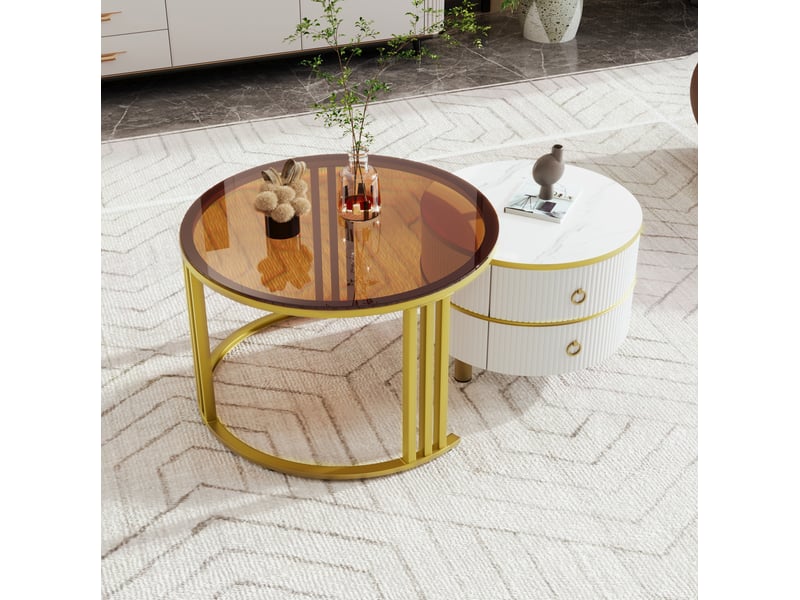  Tables basses gigognes rondes 2 pièces – mdf et verre trempé – 2 tiroirs – blanc, brun et doré – ø7050 cm  - Conforama C