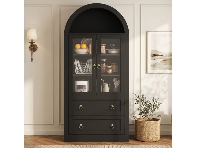  Buffet haut 80 x 36 x 170 cm avec 2 portes vitrées et 2 tiroirs, design arqué, noir  - Conforama E