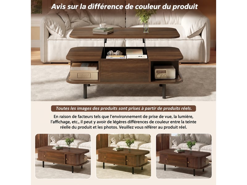  Table basse relevable avec rangement en mdf, aspect noyer, 4 compartiments, 101 x 51 x 52,5  - Conforama E