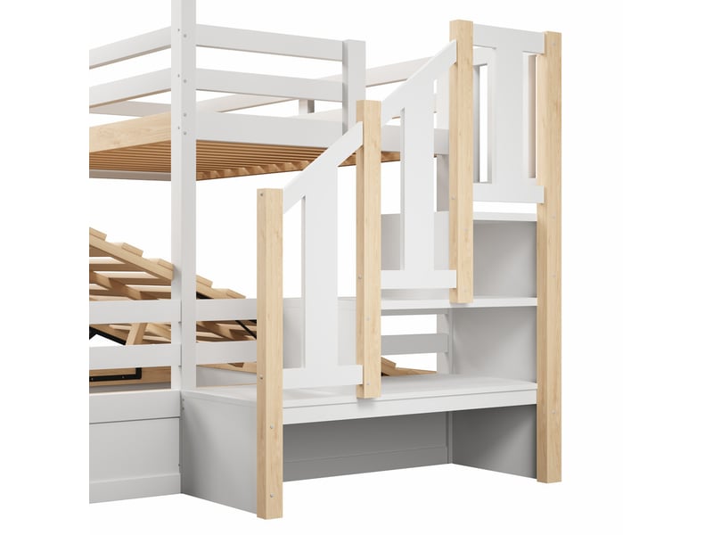 Lit superposé 90x200 cm et 140x200 cm avec barrières de sécurité, escalier avec rangements, blanc et naturel - Conforama E
