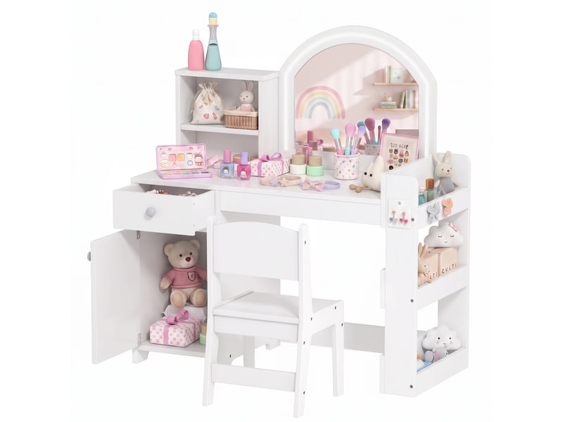  Coiffeuse pour enfants avec tabouret et miroir led, table de maquillage pour 3 à 8 ans, 88,6 x 38,8 x 96,9 cm, blanc  - Conforama A
