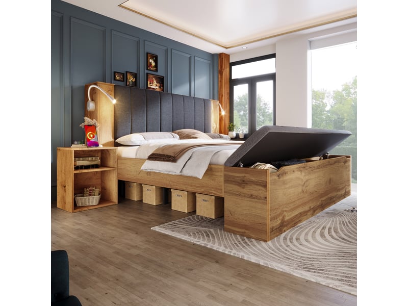 Lit coffre 160x200 cm en bois effet chêne avec tête de lit pliable, 2 chevets, banquette de lit avec rangement et lampe usb - chêne (sans matelas) - Conforama D