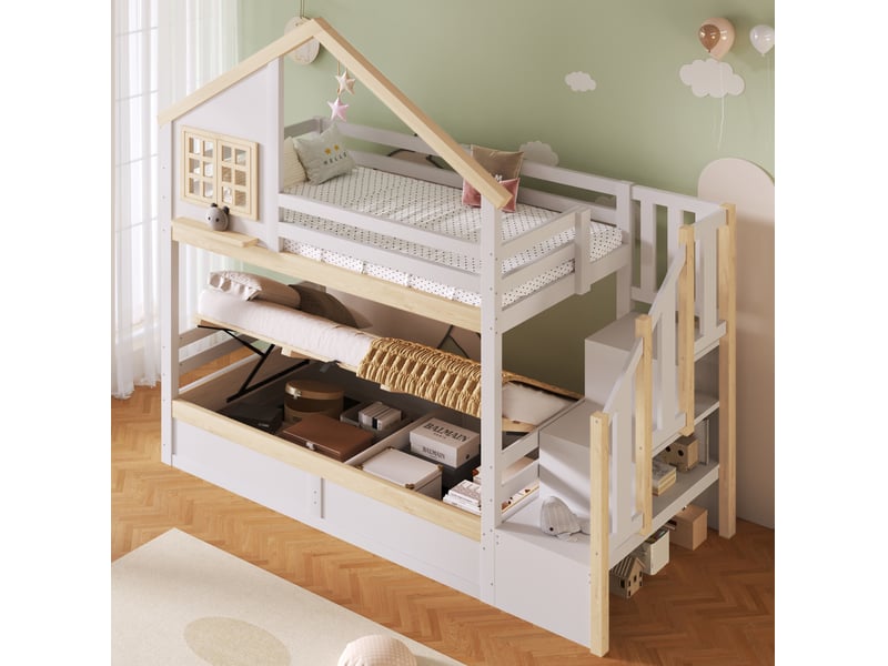  Lit superposé 90x200 cm avec rangement à relevage hydraulique, blanc et naturel  - Conforama C