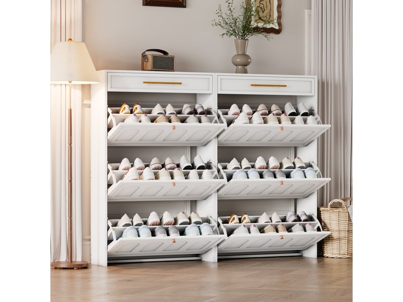  Meuble à chaussures 12 étagères réglables et 2 tiroirs pour entrée en mdf 140×25×123,5 cm blanc  - Conforama B