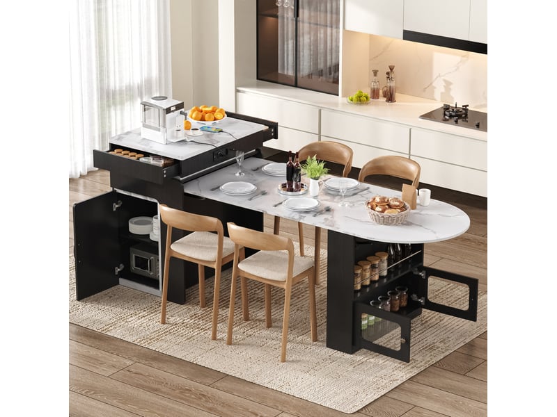  Îlot de cuisine extensible 55-194 x 80 x 95,5 cm – noir – led, prises et rangement intégré  - Conforama D