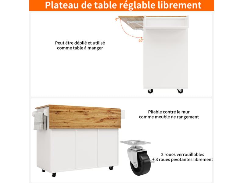 Îlot de cuisine 137,5x40-65x95,6 cm avec plateau rabattable et grand rangement, roulettes, pour cuisine, en mdf, blanc - Conforama E