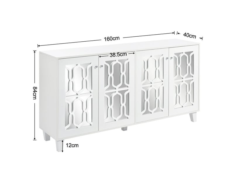 Buffet, armoire de cuisine, meuble de rangement avec poignées en cristal, 4 portes et stratifié amovible, 160 x 40 x 84 cm, blanc - Conforama C