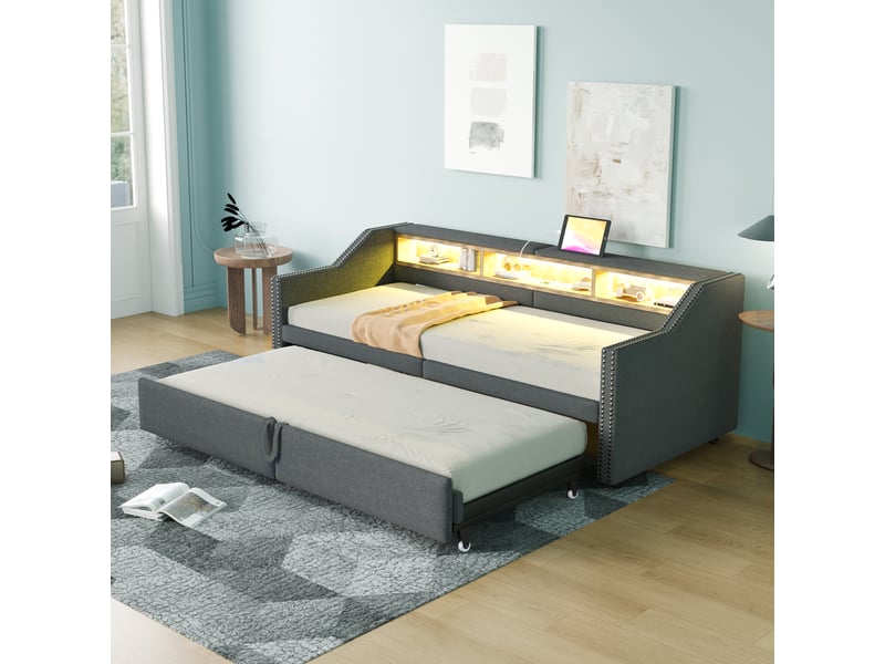 Lit banquette simple 90×200 cm extensible 180×200 cm, led et usb - 2 matelas inclus, lin - gris foncé - Conforama C