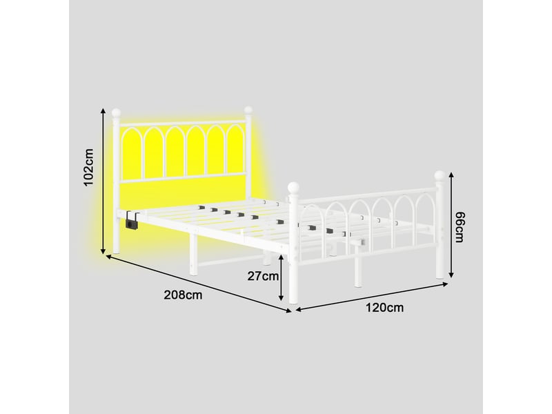  Lit simple 120×200 cm avec tête haute, led, espace de rangement, usb et prise - okmyhome- métal blanc, sans matelas  - Conforama D