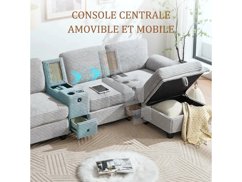 Canapé 3 places gris clair en velours côtelé avec usb-c 266 cm et ottomane de rangement mobile - Conforama R