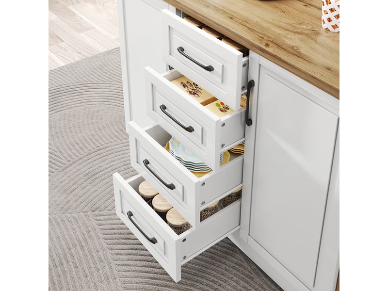  Îlot de cuisine avec prises intégrées, 4 tiroirs et étagères réglables, 120 x 60 x 90 cm  - Conforama E