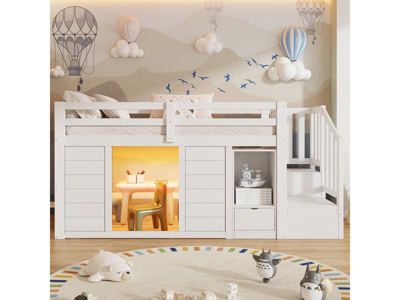 Lit mezzanine 90x200cm pour enfant, escalier avec rangements, bibliothèque intégrée, led multicolore et plusieurs espaces de rangement blanc - Conforama C