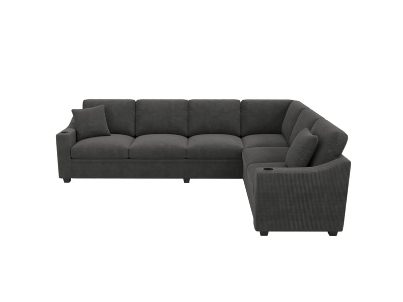  Canapé d’angle modulaire 277 x 215 x 85 cm, 6 places, usb type-c, 2 porte-gobelets, 2 coussins, velours côtelé gris  - Conforama A