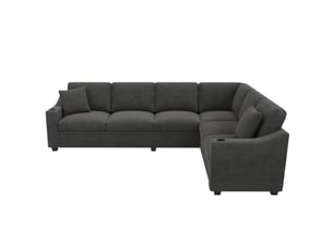 Canapé d’angle modulaire 277 x 215 x 85 cm, 6 places, usb type-c, 2 porte-gobelets, 2 coussins, velours côtelé gris