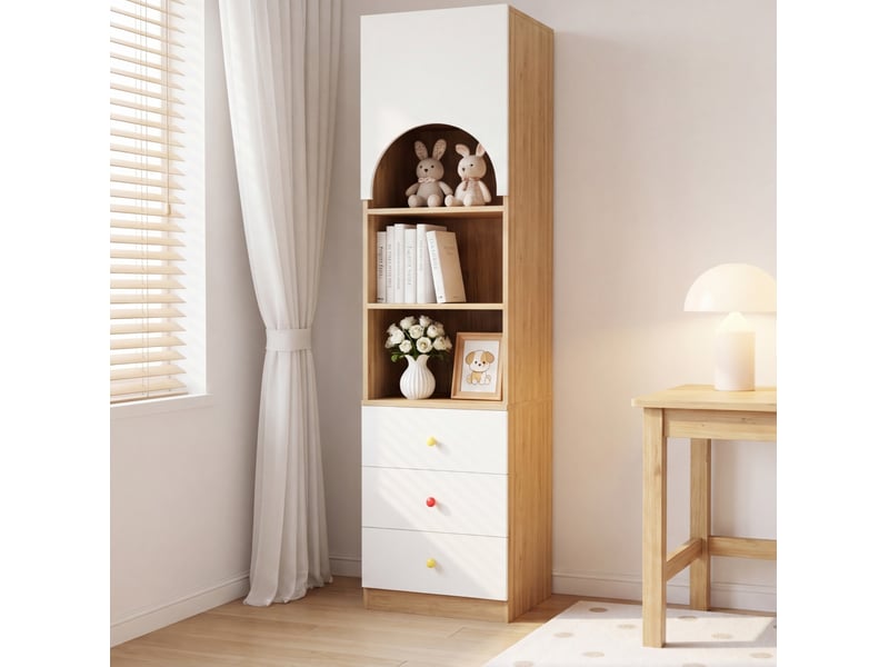 Bibliothèque 50 x 50 x 200 cm avec porte arquée, trois tiroirs et trois étagères, blanc et aspect bois - Conforama E