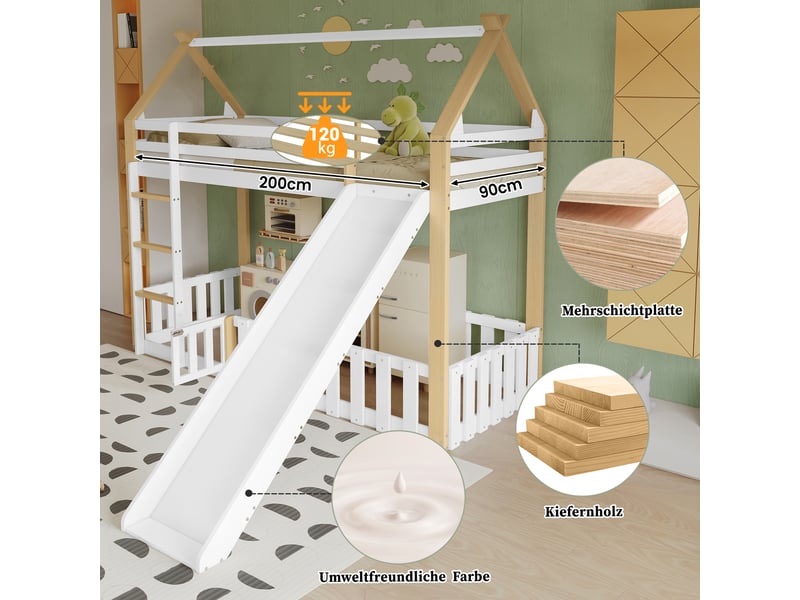  Lit blancnaturel 90x200 cm, pin, mdf et contreplaqué, cabane avec toboggan, échelle et espace inférieur avec barrières  - Conforama D