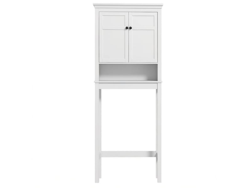 Colonne de salle de bain rangement optimisé blanc panneaux mdf 2 portes étagère ouverte rangement organisé système anti-basculement - Conforama A