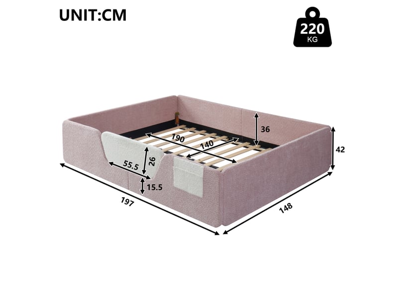  Lit enfant rembourré 140 x 190 cm en velours rose avec barrières amovibles  - Conforama C
