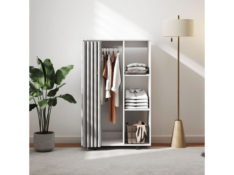  Porte-manteau à 4 roulettes, étagères ouvertes, tringle et rideaux de penderie, pour chambre, salon et couloir, blanc  - Conforama D