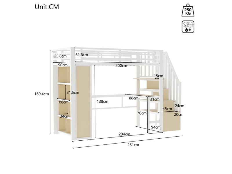  Lit mezzanine blanc 90x200cm avec escalier rangement, bureau, éclairage led, structure robuste, pratique - fer - pour enfant ado  - Conforama E