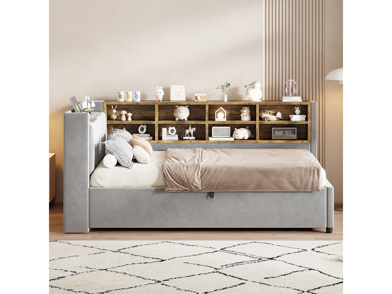 Canapé-lit 90x200 cm avec rangement – avec éclairage – avec ports de charge usb et type-c – avec compartiments de rangement – gris clair (matelas non inclus) - Conforama B