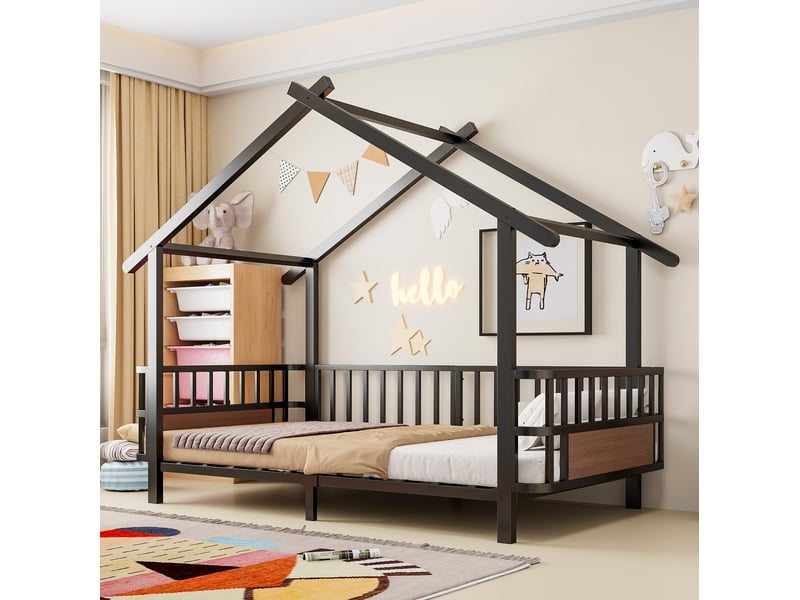  Lit enfant cabane en métal noir 90 x 200 cm avec barrière de sécurité et cadre décoratif  - Conforama D