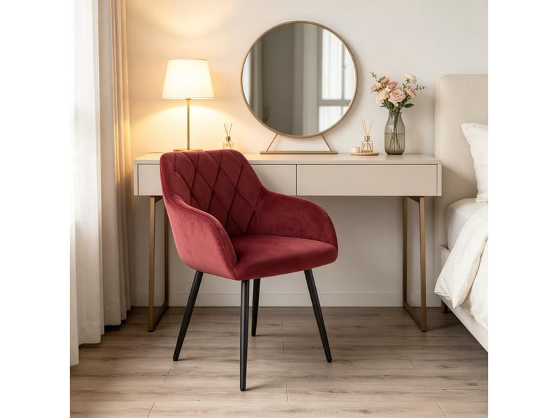  Chaise de salle à manger avec accoudoirs rouge en velours et pieds en métal  - Conforama C