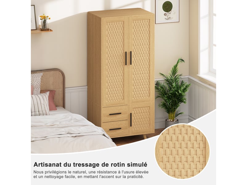  Armoire de chambre - penderie-80x52x176cm - 2 portes 2 tiroirs - scandinave bohème - bois effet rotin - chêne naturel et noir  - Conforama C