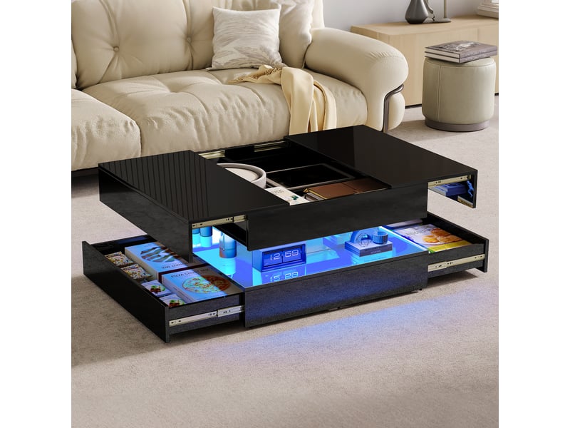  Table basse noire laquée – led rgb –  2 tiroirs push‑open –  design moderne  - Conforama D