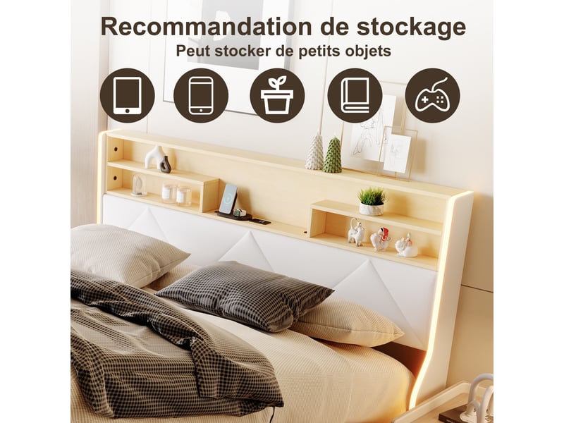  Lit coffre 160x200cm - lit double 160x200 - rembourré en simili cuir pu avec led, prises usb et rangement - blanc  - Conforama D