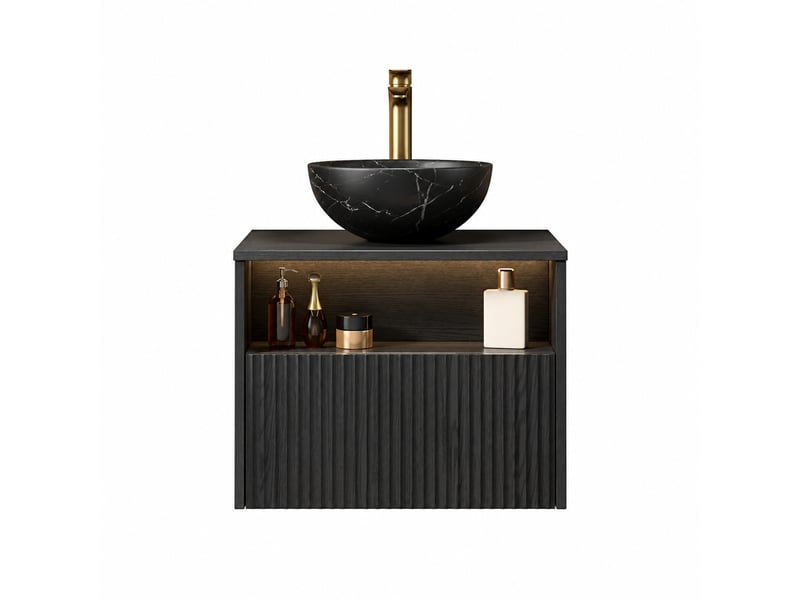  Meuble vasque suspendu 60 cm avec vasque noire en céramique, tiroir et étagère ouverte  - Conforama A