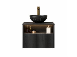 Meuble vasque suspendu 60 cm avec vasque noire en céramique, tiroir et étagère ouverte