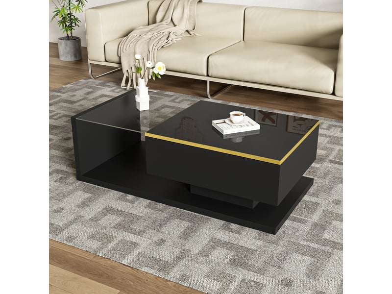 Table basse 100x50x32,5 cm avec led et plateau en verre trempé, rangement fermé et niche, panneaux de particules, noir ABC - Conforama D