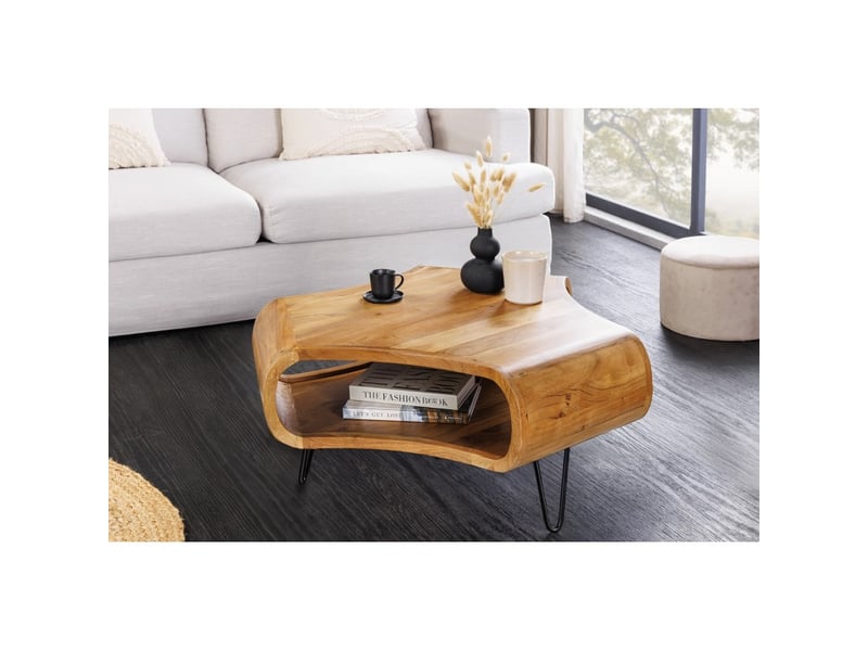 Table basse nera 90 cm en bois massif d'acacia avec niche et pieds métal noir – style rétro industriel - Conforama D