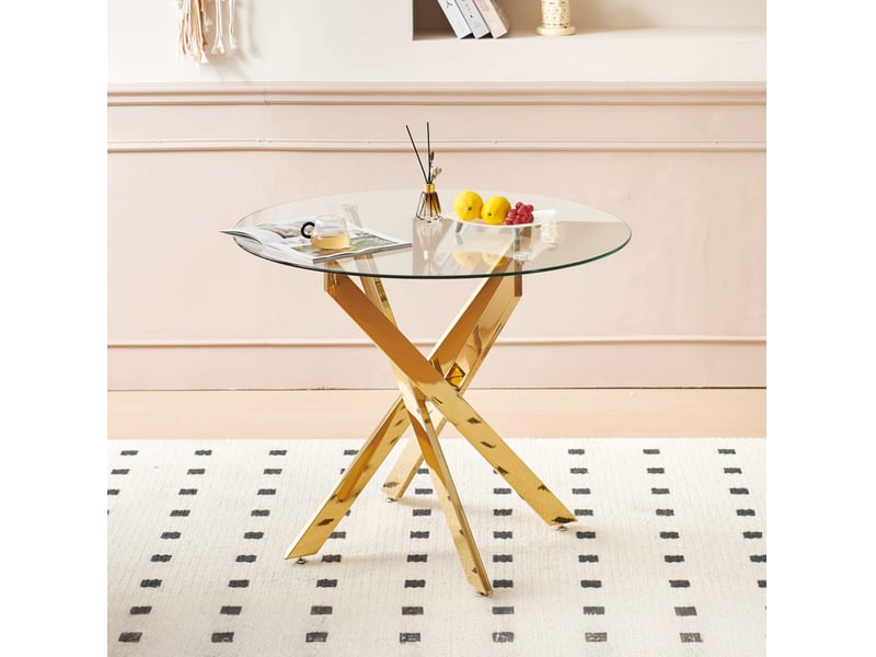  Ensemble repas, table ronde en verre et 4 chaises en velours crème à pieds dorés, pour 4 personnes au quotidien  - Conforama E