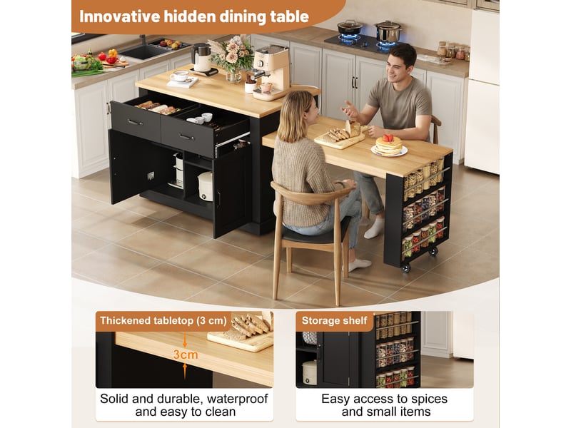  Desserte de cuisine avec 2 portes, 2 tiroirs, table extensible et prises pour cuisine en mdf, 132×70×90 cm, noir  - Conforama E