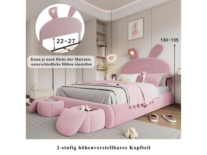  Lit capitonné 140x200cm en velours rose, oreilles de lapin, led, coffre hydraulique et deux poufs de rangement  - Conforama C