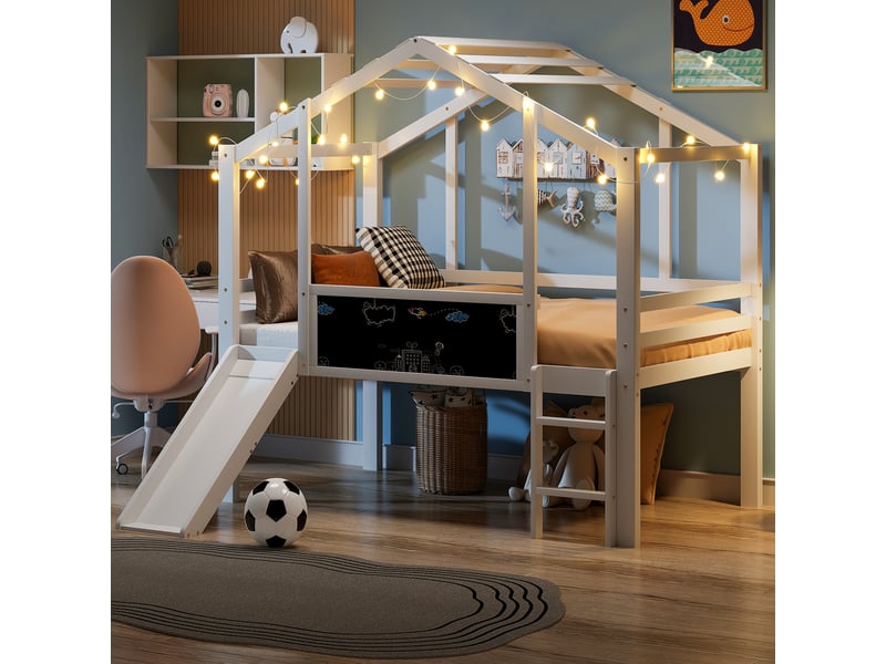 Lit mezzanine 90x200 cm coloris blanc bois massif lit enfant blanc - Conforama E