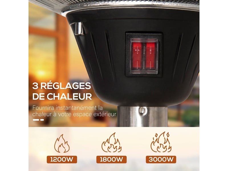  Parasol chauffant électrique 3000w chauffage infrarouge sur pied réglable 160-200cm acier inoxydable argent  - Conforama B