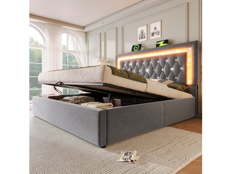  Lit coffre double 160 x 200 cm en velours gris avec led, ports usb et usb-c, matelas inclus  - Conforama D