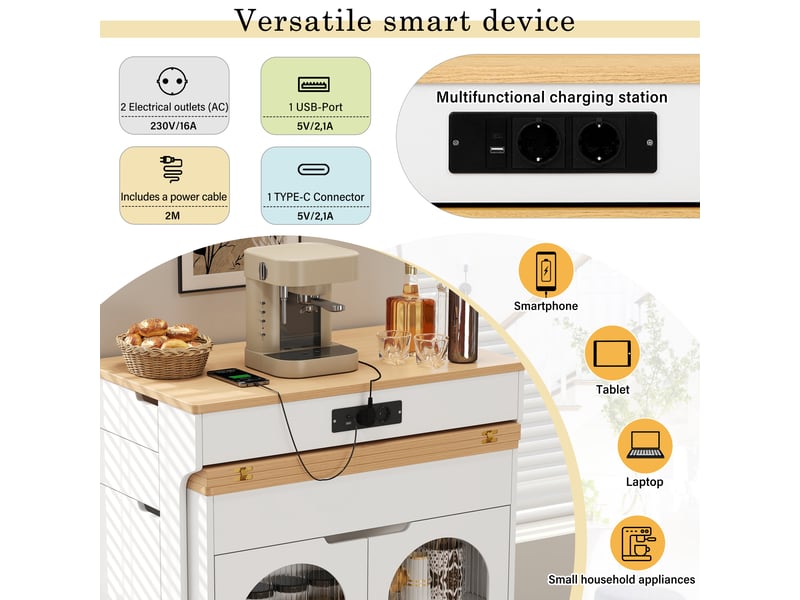  Îlot de cuisine, 80x56,2x93 cm, ports de charge, rangement intégré, en verre, blanc cao-DE000049AAK-conf-NEW - Conforama R