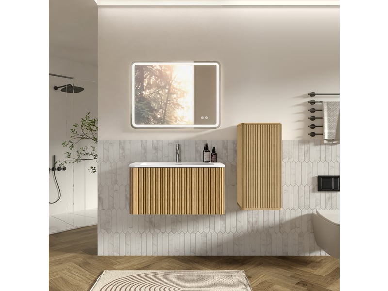 Meuble sous vasque avec miroir led et colonne, vasque en résine, rangement mural pour salle de bain, chêne et blanc - Conforama C