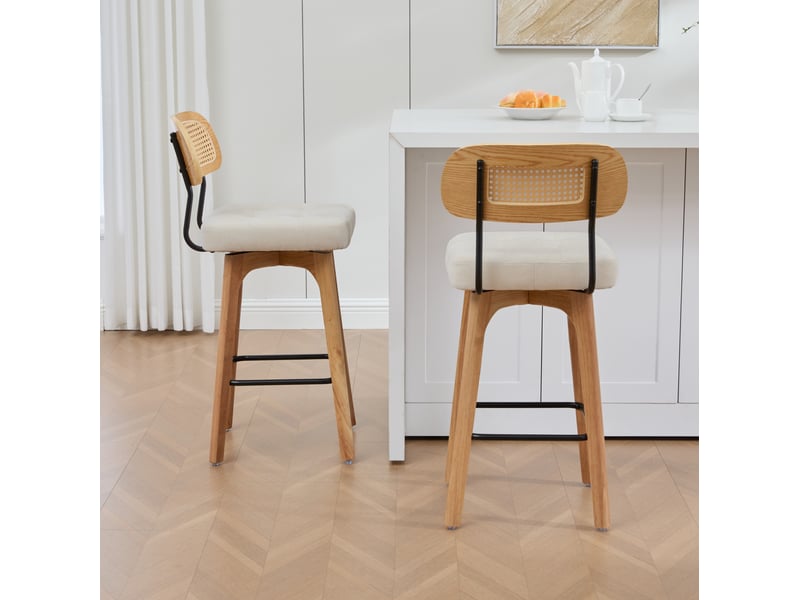  Lot de 2 tabourets de bar pivotants à 360° avec dossier en rotin, assise rembourrée et repose-pieds en chenille beige  - Conforama D