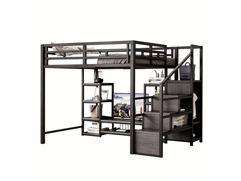  Lit mezzanine double 140×200 cm avec support tv, prise et échelle - okmyhome- métal noir, sans matelas  - Conforama A