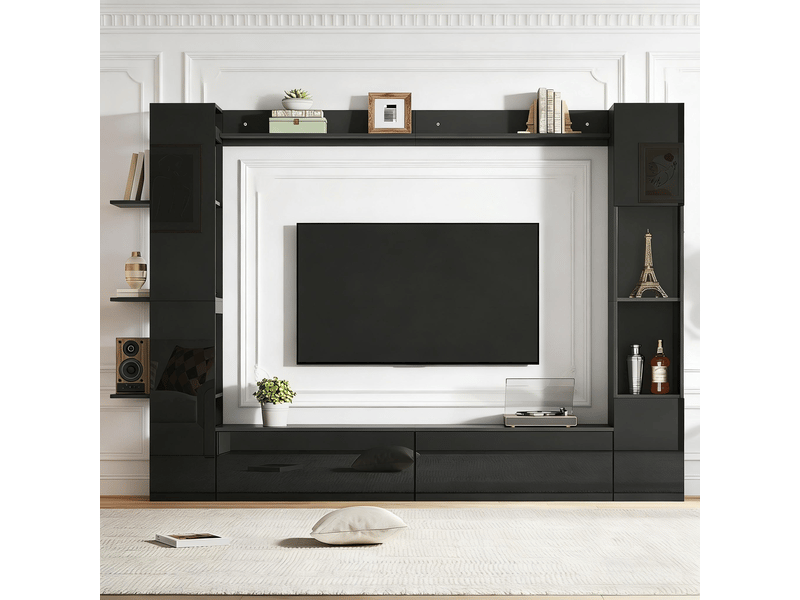  Meuble tv mural 245x30x170 cm avec rangement vitrine porte amovible ensemble 4 pièces noir BUBBLY - Conforama B
