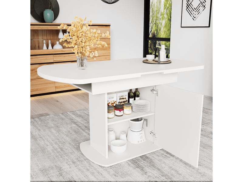 Table à manger extensible ovale 110130x70 cm avec rangement, table de cuisine gain de place multifonction, style moderne - blanc - Conforama C