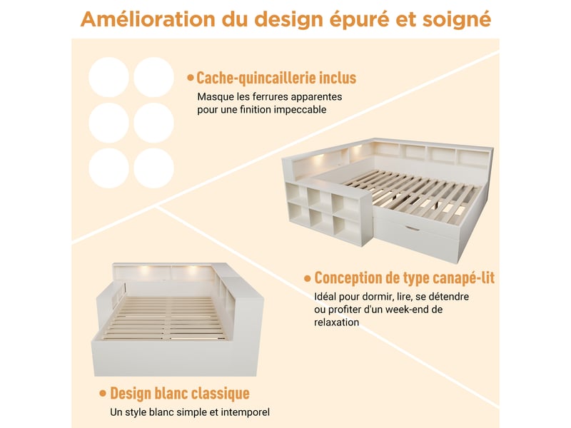  Lit avec rangement 140x190 cm, lit double compact avec 1 tiroir, étagères ouvertes, 2 liseuses, 3 usb et 1 usb-c, blanc OPULERANE TRADING LTD - Conforama A