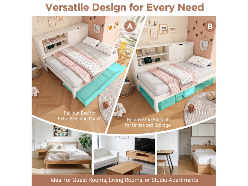  Lit banquette 140x190 cm – blanc – lit gigogne, rangement et charge usb-c intégrée – sans matelas  - Conforama E