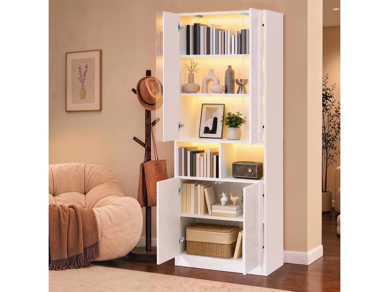  Armoire haute 4 portes led pilotée par application - lpospi - étagère réglable mdf blanc 70 × 35 × 180 cm  - Conforama C